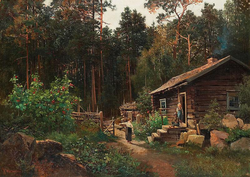 Josefina Holmlund Stuga vid skogsbryn Norge oil painting art
